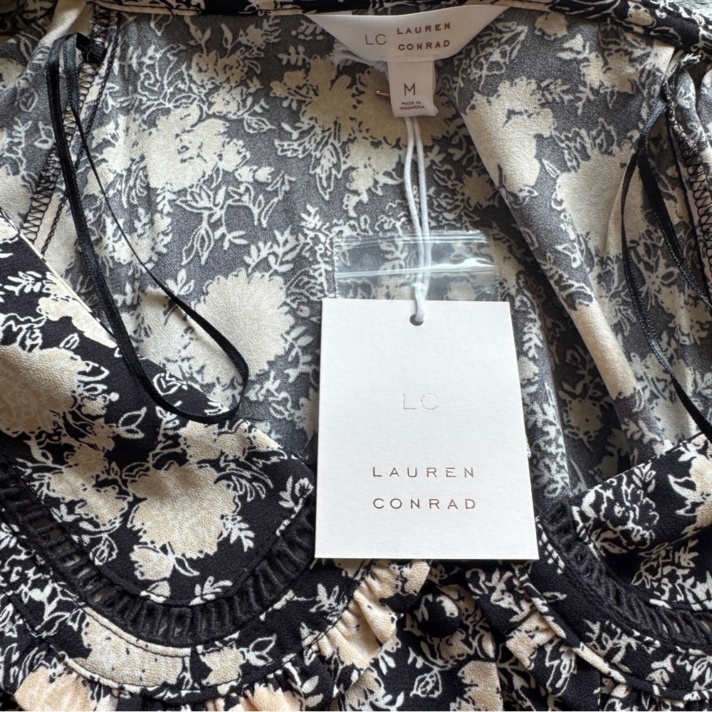 LC Lauren Conrad Ruffle Chiffon Shirt Dress Black Cream Floral Medium NWT - Picture 7 of 10